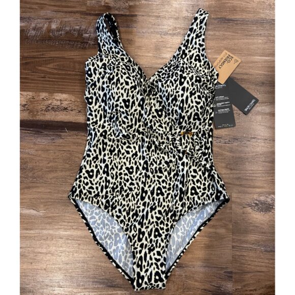 NWT Simon Chang One piece Figure Flattering Leopard Wrap Swimsuit - Size 8 - Picture 1 of 7